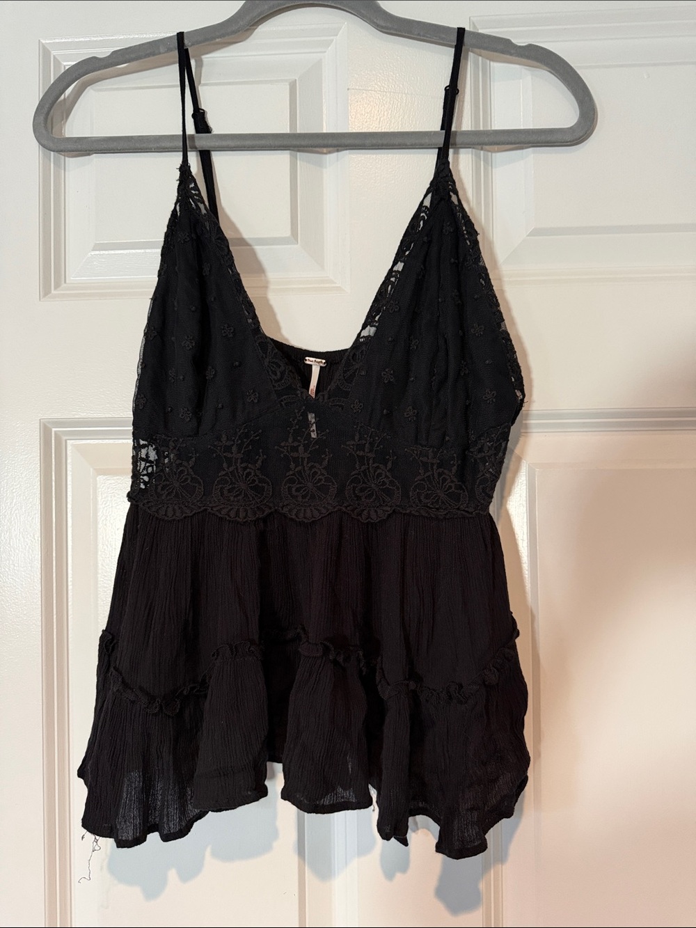 Free People Black Lace-Trim Tiered Spaghetti Strap Tank